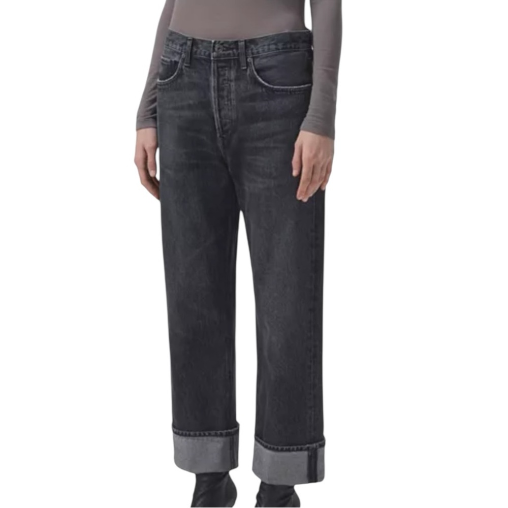 Agolde Fran High Rise Wide Leg Cuffed Jeans Ditch Distressed Black 33‎